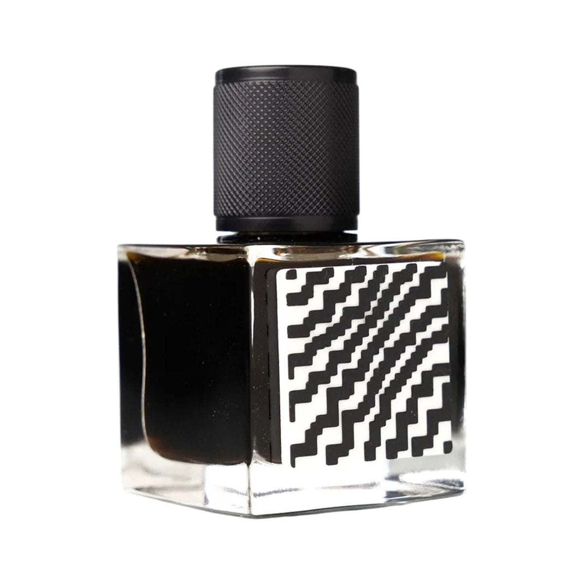 Mitsamurai by Jinx Smells, a cube bottle of near-black juice with a black and white zigzag label and a knurled black cap