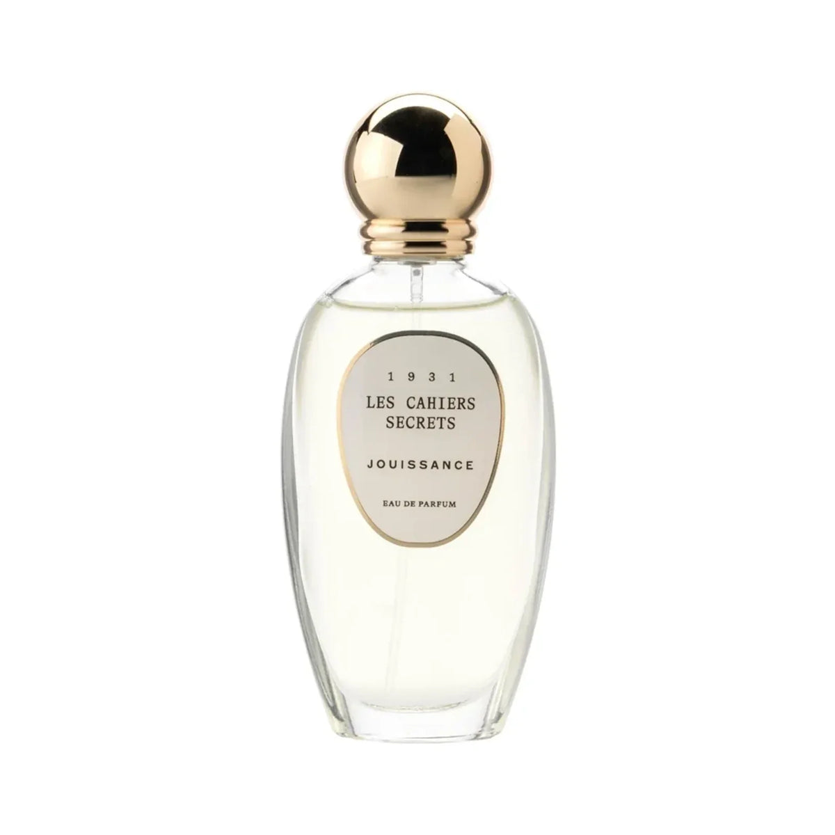 Les Cahiers Secrets by Jouissance, an oval glass bottle of pale eau de parfum with a cream oval label reading 1931, under a polished gold dome cap