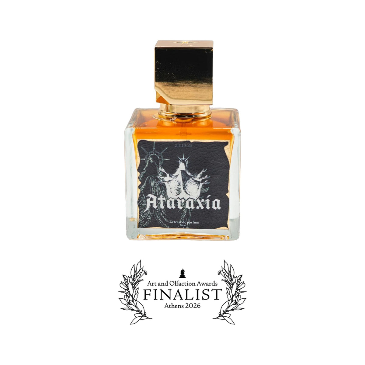 Deity by Ataraxia Perfumery, a square bottle of amber extrait with a gold cube cap and a black illustrated label, with the Art and Olfaction Awards Finalist banner, Athens 2026
