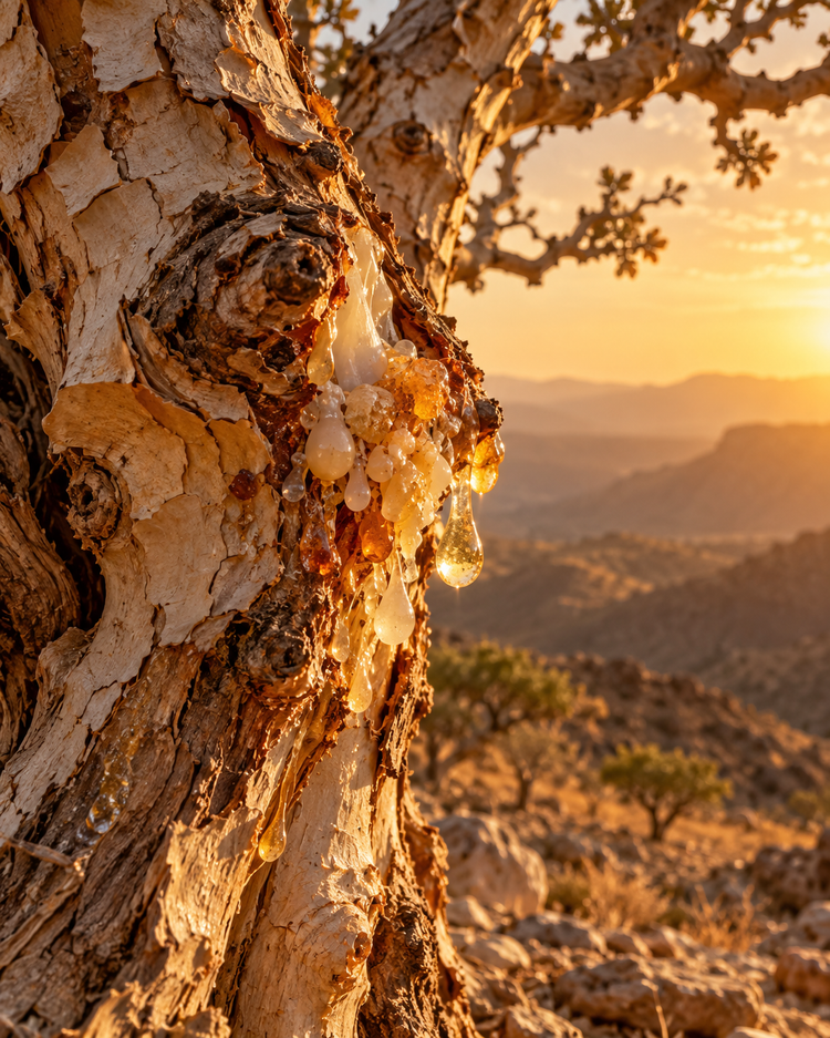 A frankincense tree with peeling bark and amber resin tears, glowing at golden hour above dry mountains