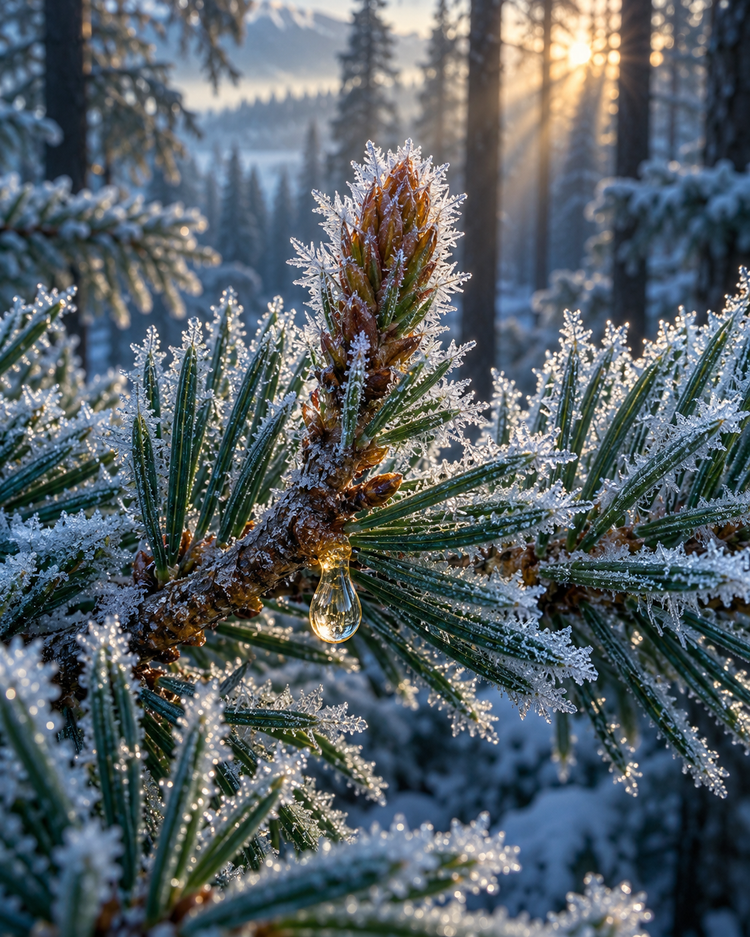 Frost-rimed fir needles at dawn in a snowy pine forest, with thin shafts of sun between the trunks
