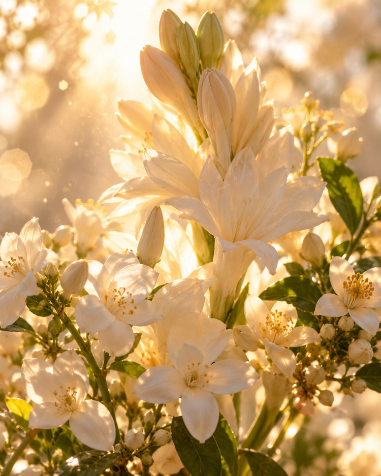 White tuberose and jasmine blossoms glowing in bright backlit sun