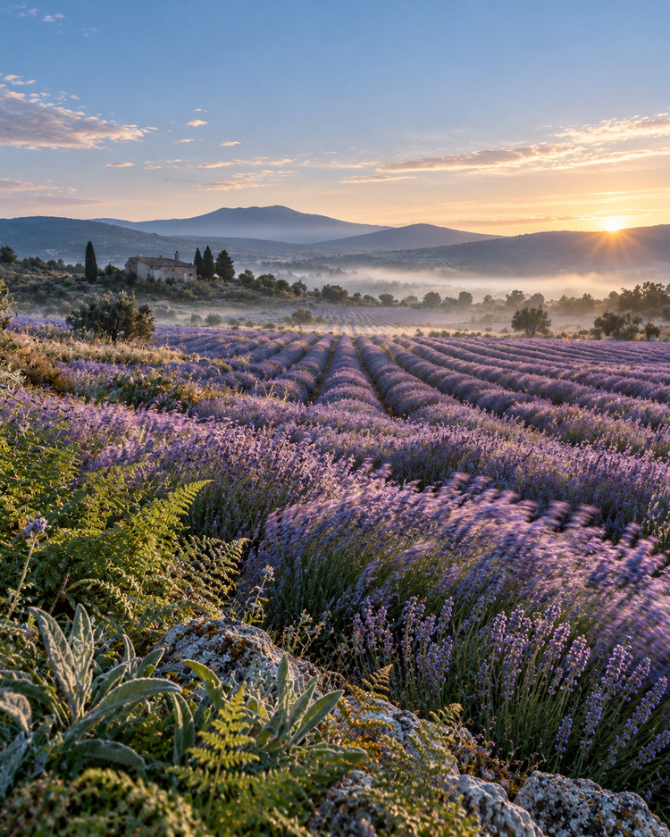 A lavender field at sunrise, with fern and sage in the foreground and misty hills beyond