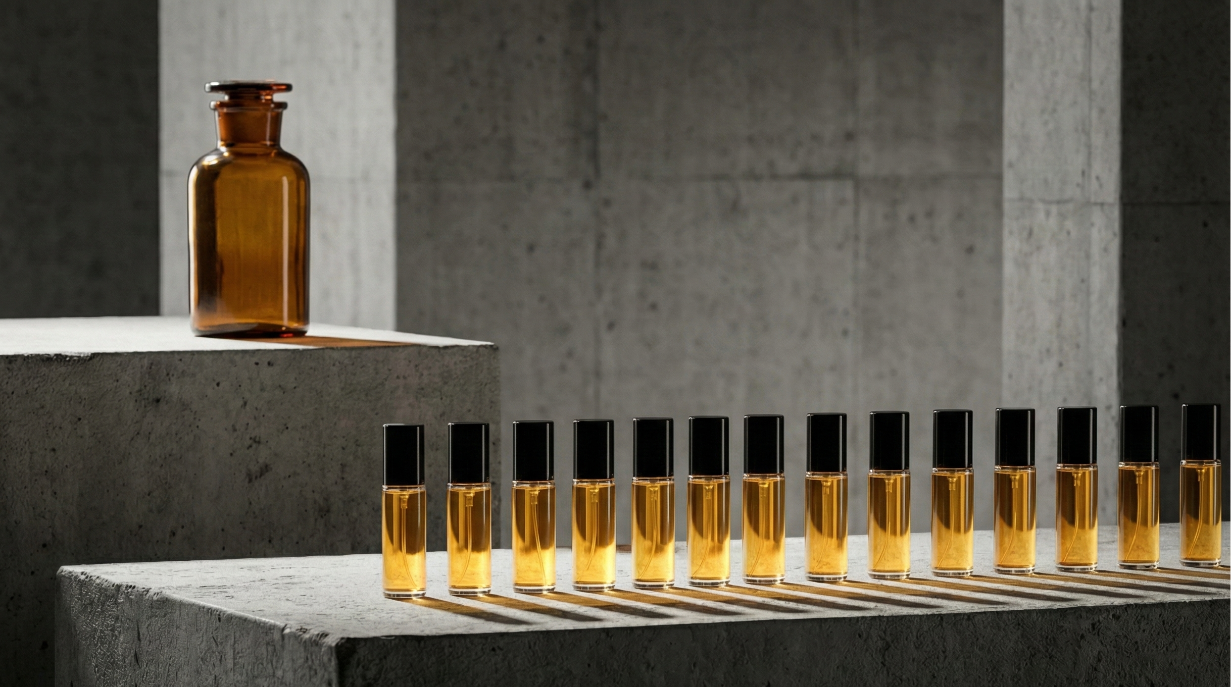 Amber glass bottles with black caps on a concrete surface