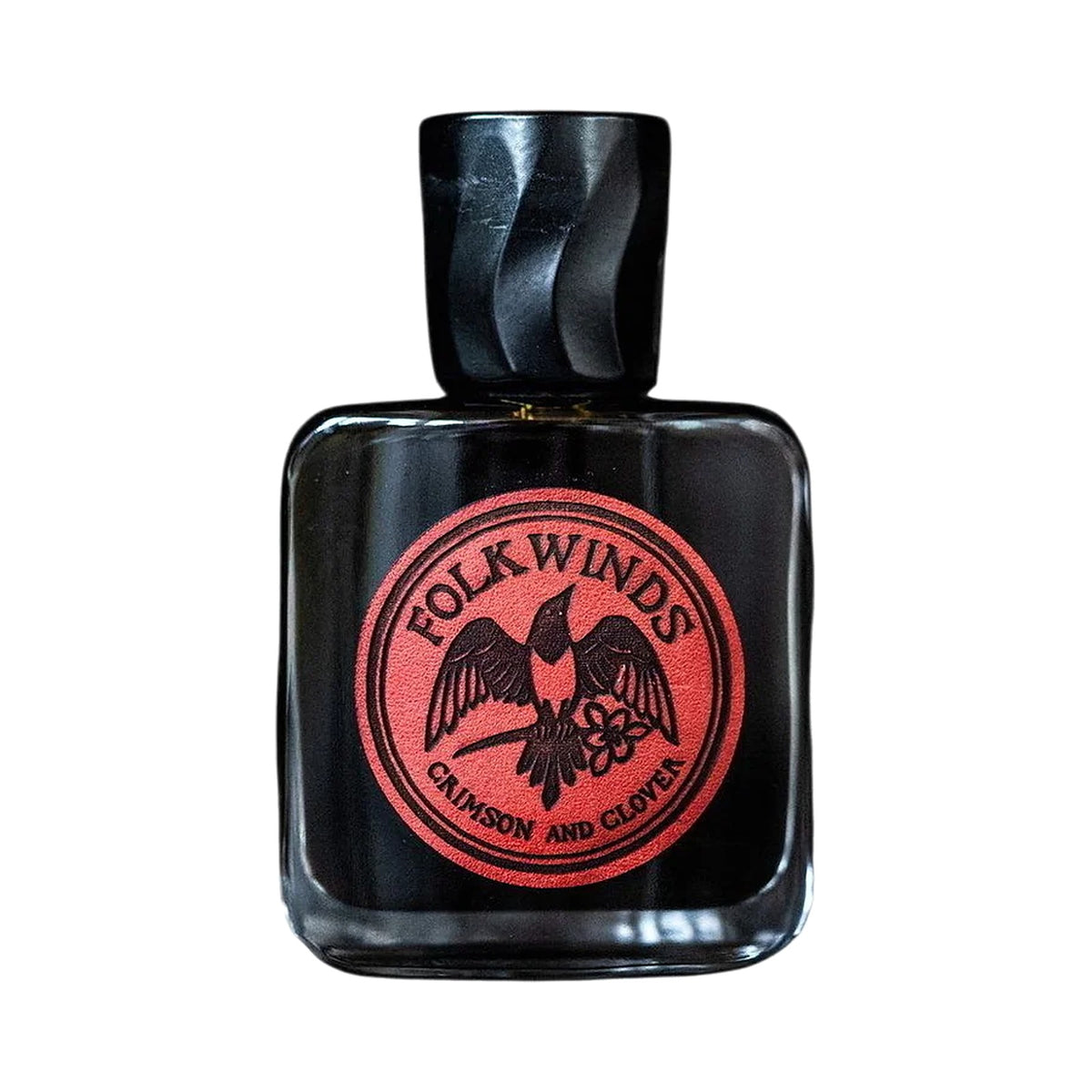 Crimson and Clover by Folkwinds, a square flask with a twisted black cap and a round red leather bird label