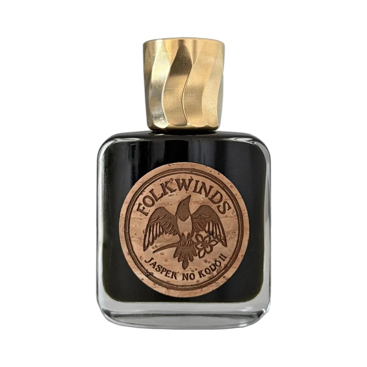 Jasper no Kodō II by Folkwinds, a black flask with a twisted gold cap and a round cork label stamped with the Folkwinds bird
