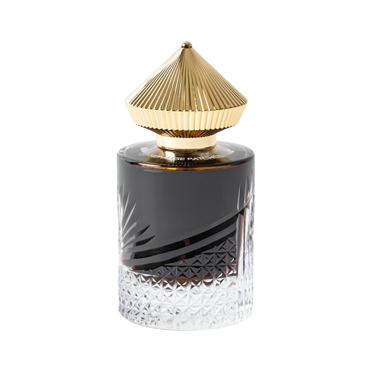 Nepalese Patchouli by Areej Le Doré, a cut-crystal bottle of dark juice with a ribbed gold cone cap