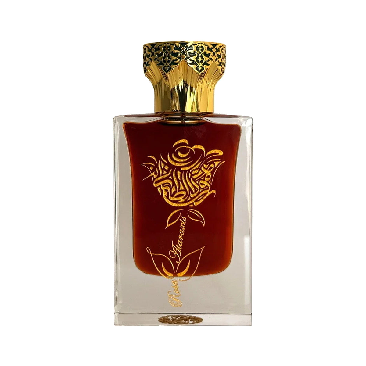 Rosa Ataraxis III Black Tripura by Hunayn, a clear rectangular bottle of dark red juice with a gold calligraphy rose and an ornate gold cap