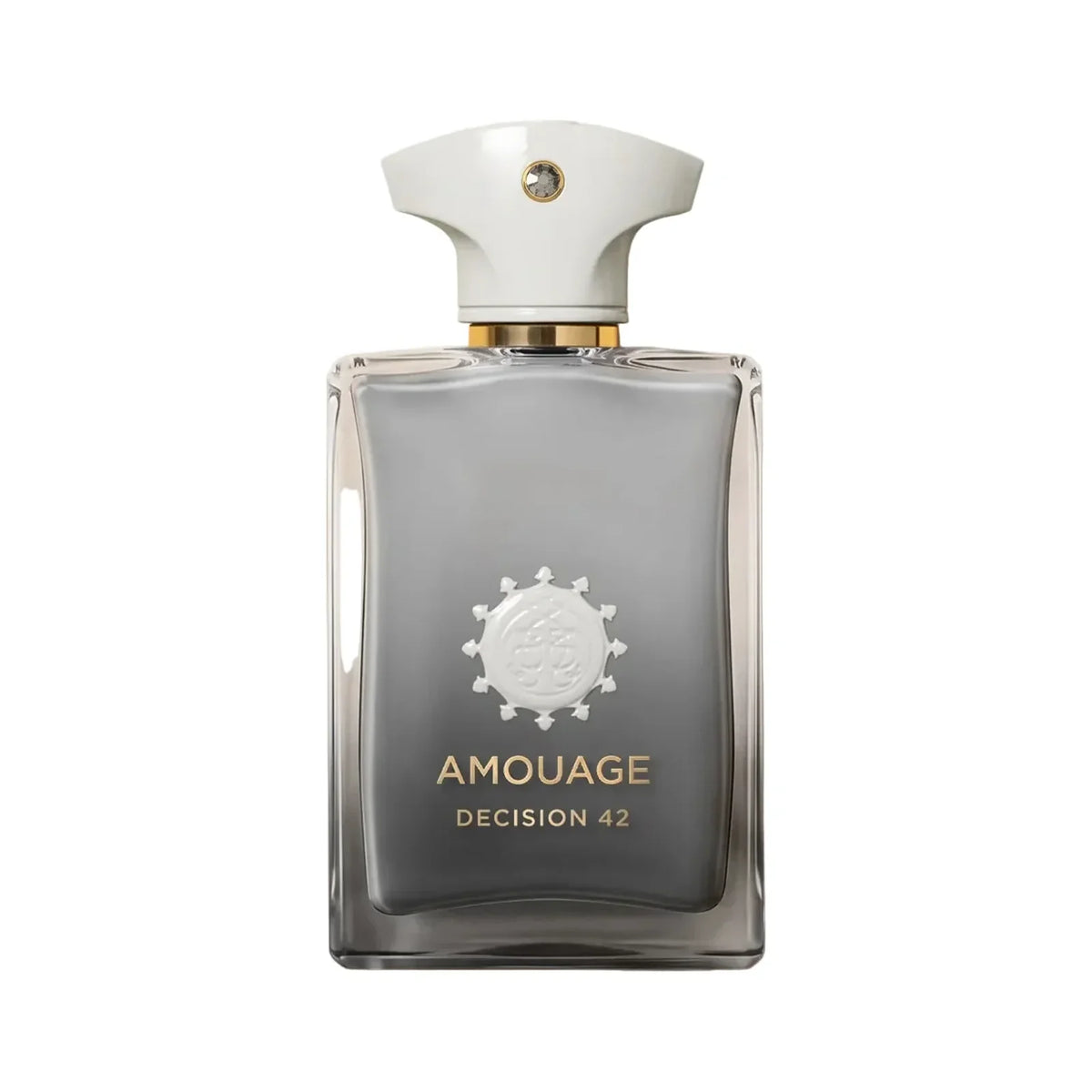 Decision 42 by Amouage, a frosted grey flask with a white sculpted cap and the Amouage crest in white