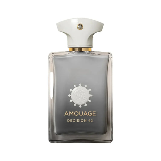 Decision 42 by Amouage, a frosted grey flask with a white sculpted cap and the Amouage crest in white