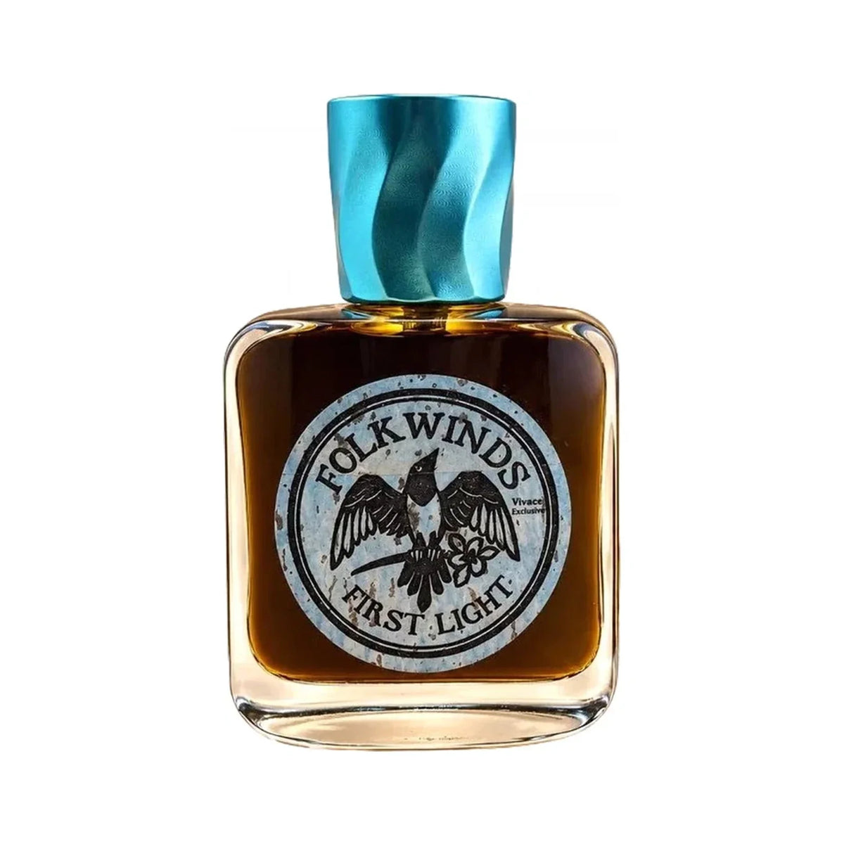 First Light by Folkwinds, a square flask of dark amber juice with a twisted turquoise cap and a round pale blue label of a bird with a flower, marked Vivace Exclusive