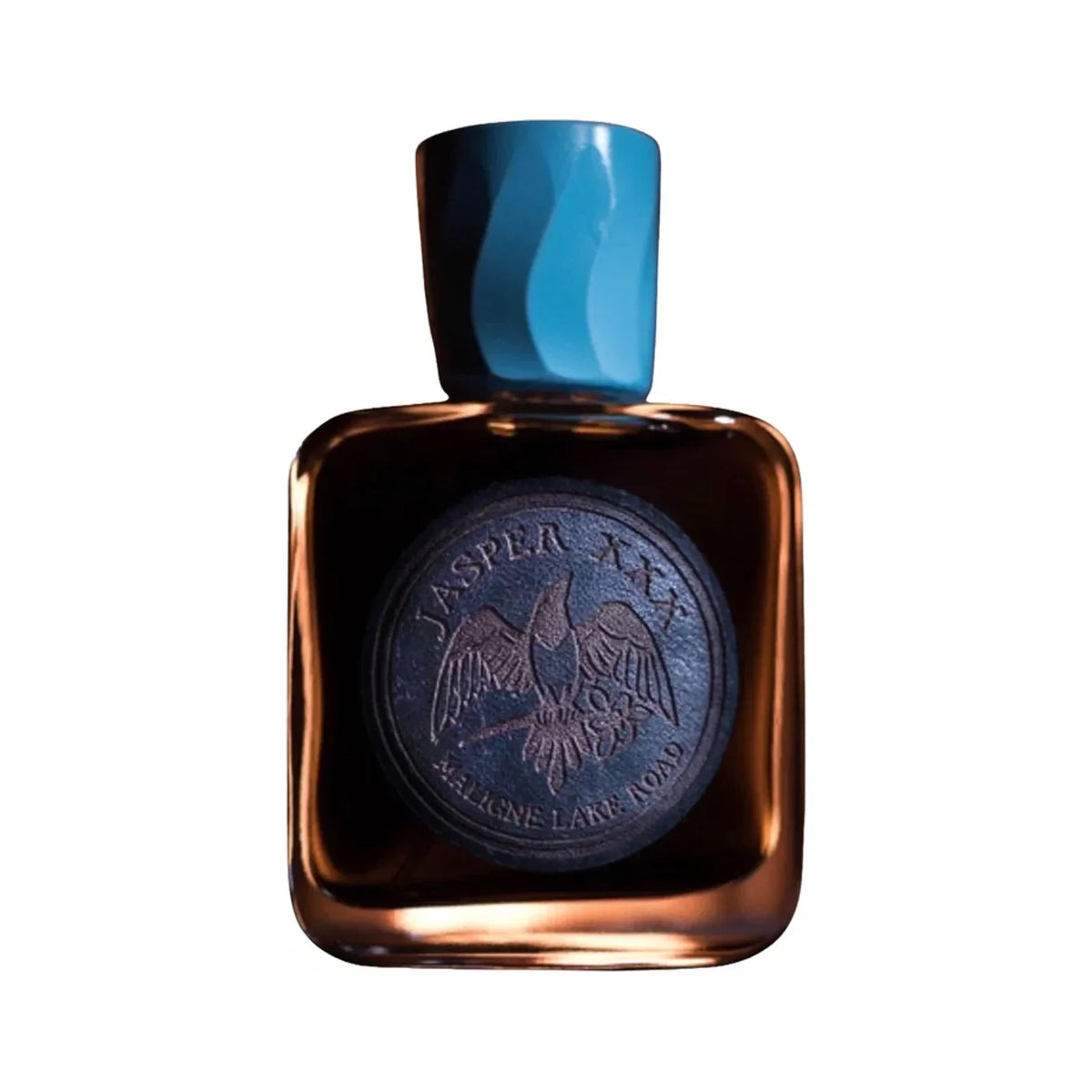 Jasper XXX, Maligne Lake Road by Folkwinds, a dark amber flask with a sculpted blue cap and a round embossed label of a bird with spread wings