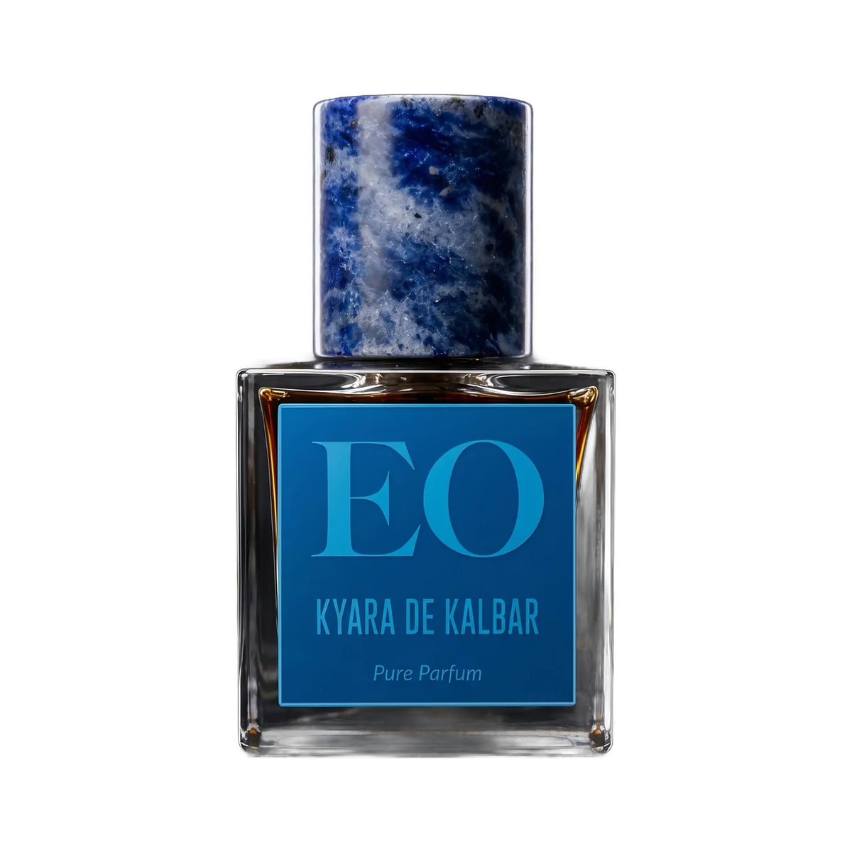 Kyara de Kalbar by Ensar Oud, a square glass bottle of amber juice with a blue EO label and a blue and white sodalite cap