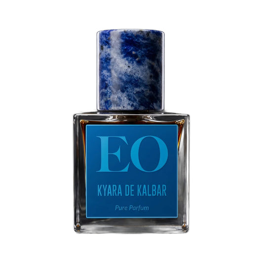 Kyara de Kalbar by Ensar Oud, a square glass bottle of amber juice with a blue EO label and a blue and white sodalite cap