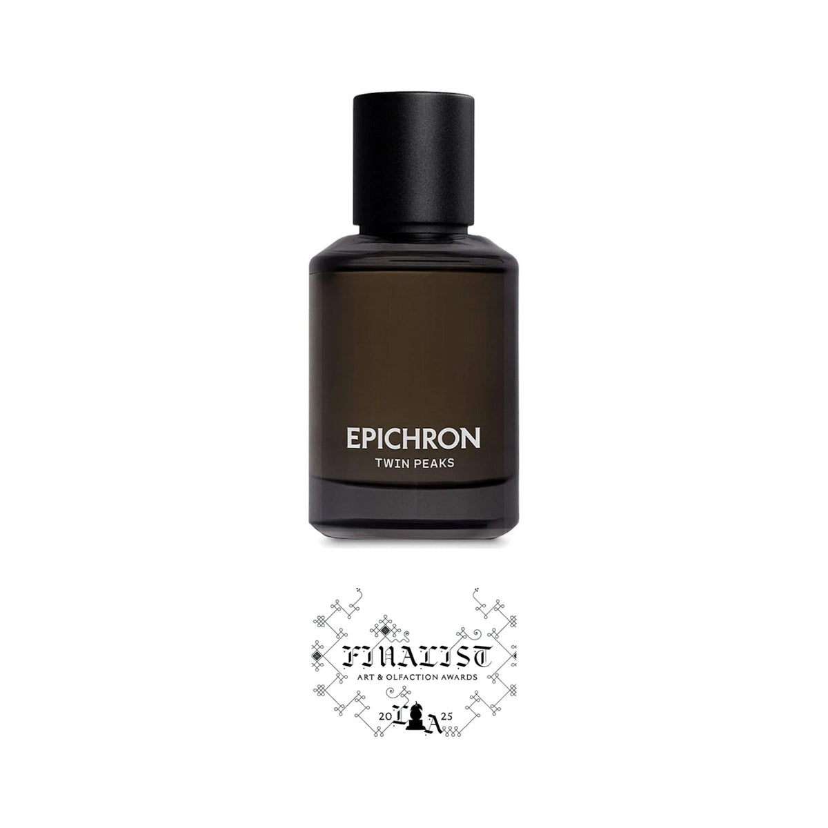 Twin Peaks by Epichron, a smoked brown bottle with a tall black cap and white Epichron lettering, with the Art and Olfaction Awards Finalist seal, 2025