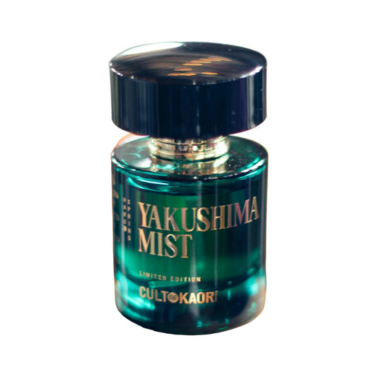 Yakushima Mist by Cult of Kaori, a round teal glass bottle lettered in gold under a black cap
