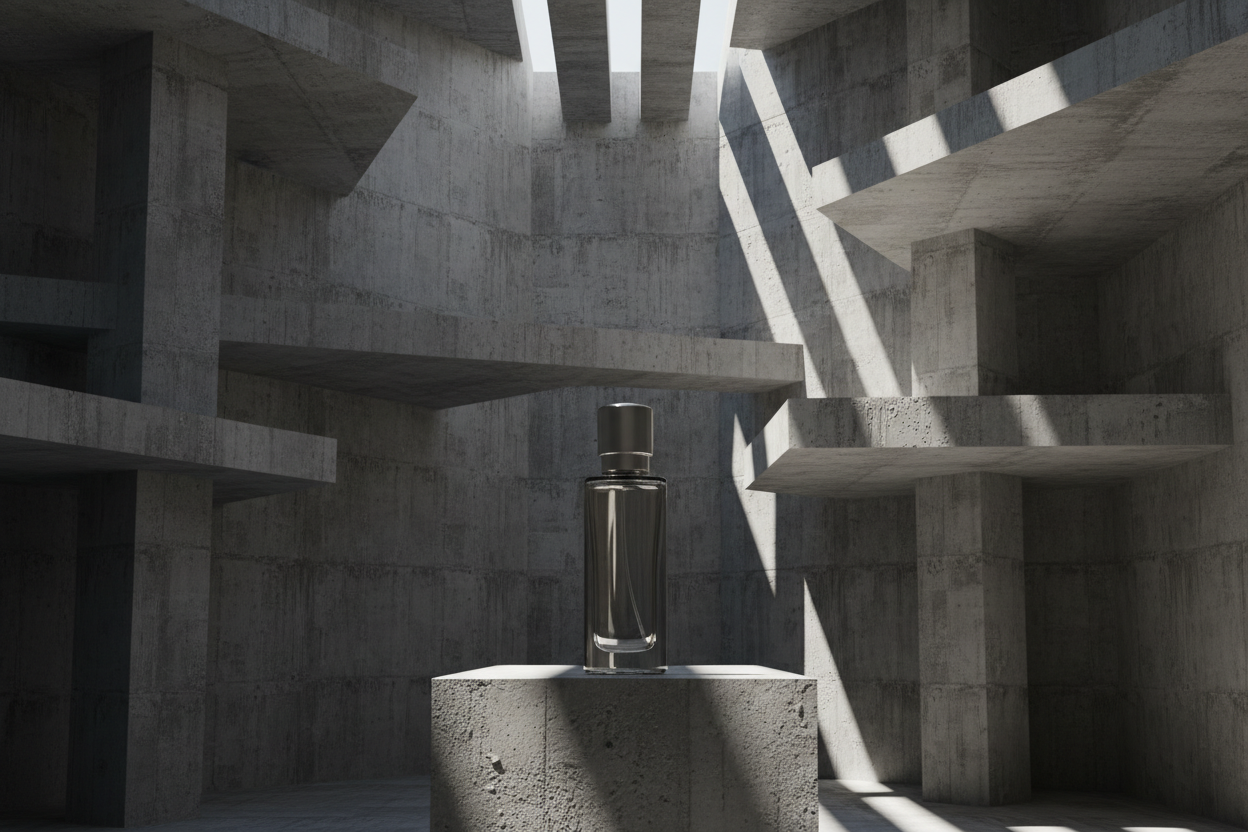 perfume bottle in a brutalist setting