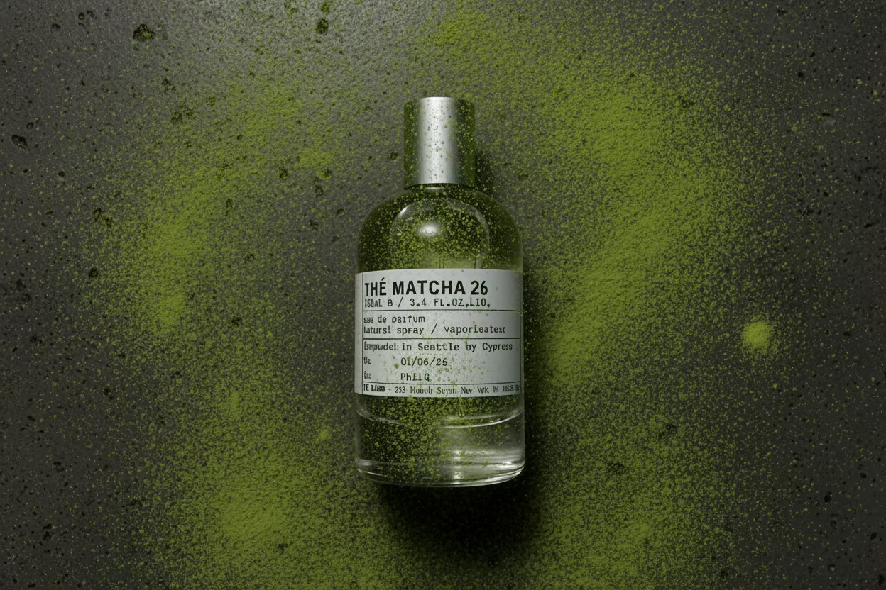 Perfume bottle labeled 'The Matcha 26' on a wooden surface